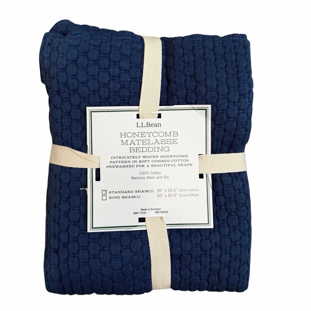 L.L.Bean HONEYCOMB MATELASSE BEDDING NWT Standard Navy Blue Sham